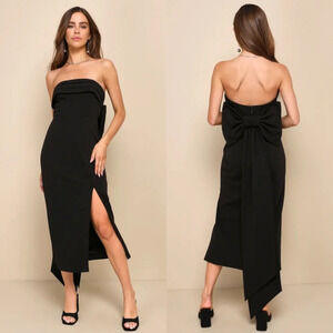Lulus Fabulous Phenomenon Black Strapless Bow Midi Dress Wedding Party Guest